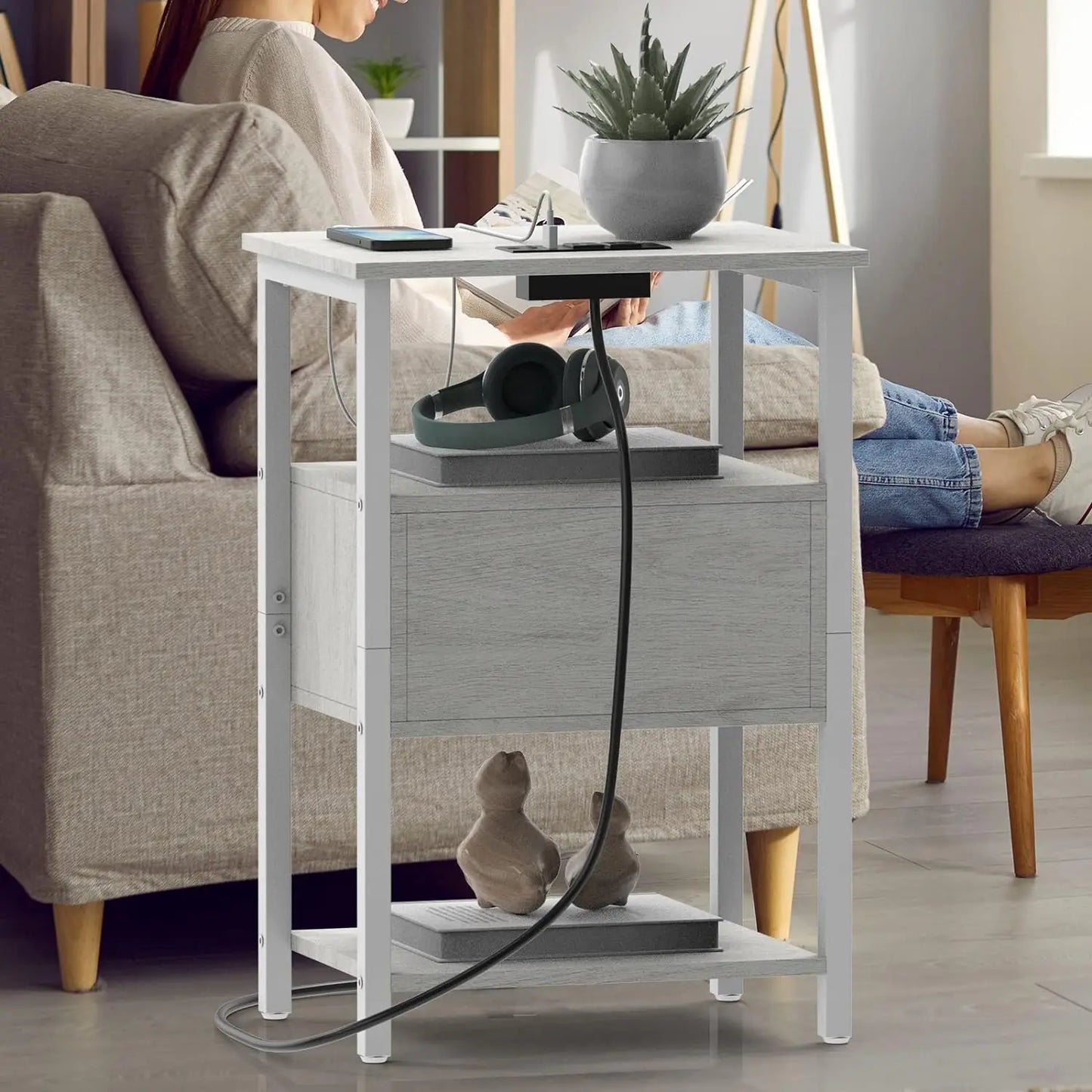 ZISIZ Set of 2 Nightstand Charging Station End Tables Drawers
