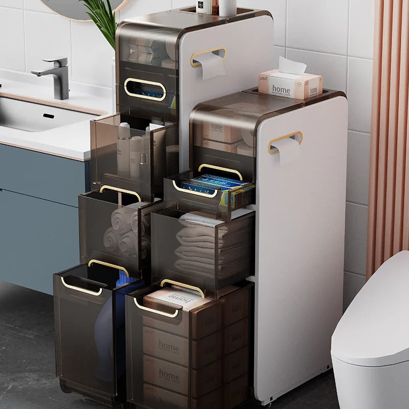 Modern PP Bathroom Floor Cabinet With Narrow Drawer Storage