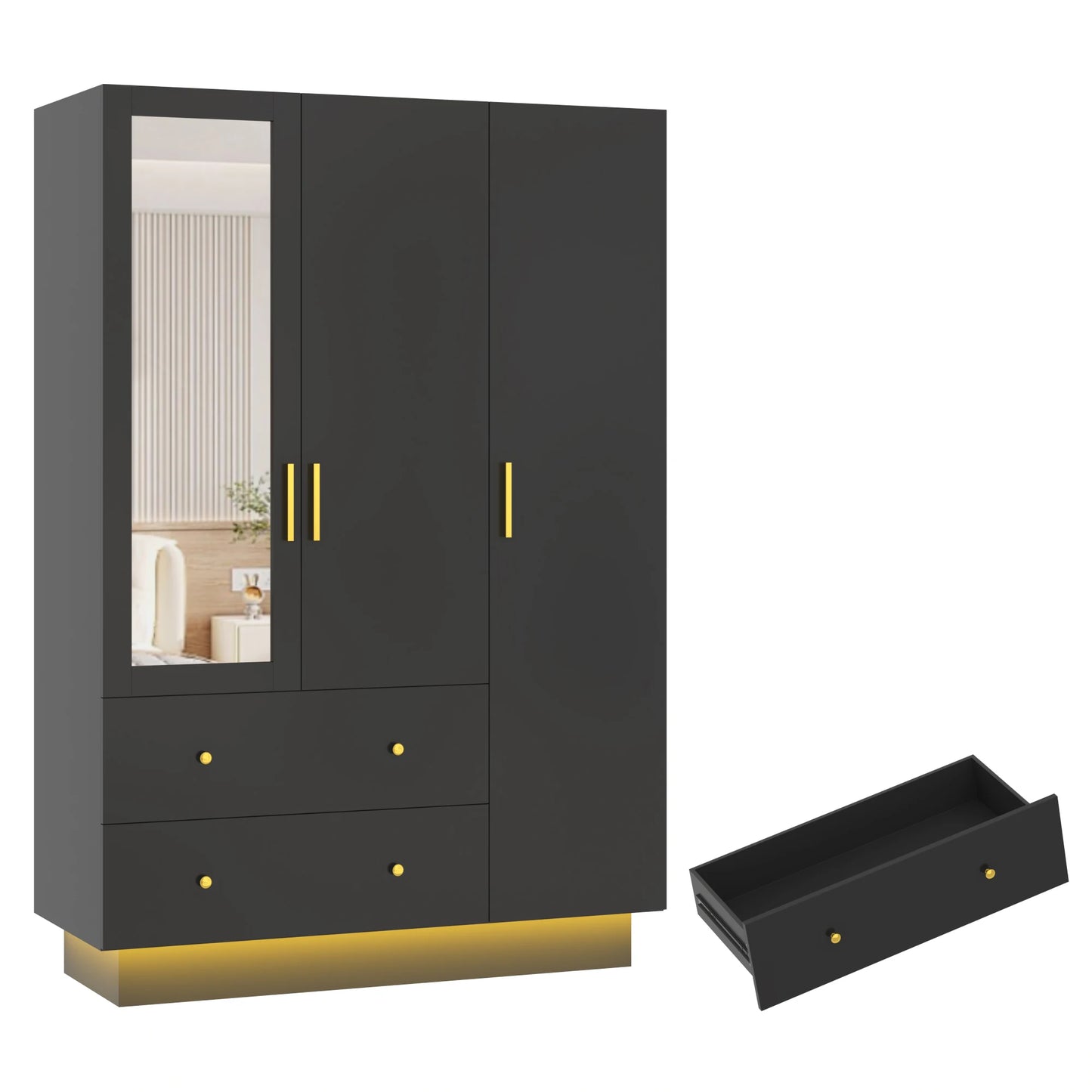 QiaoShiRen Modern Wooden Armoire Wardrobe With Mirror LED Lights