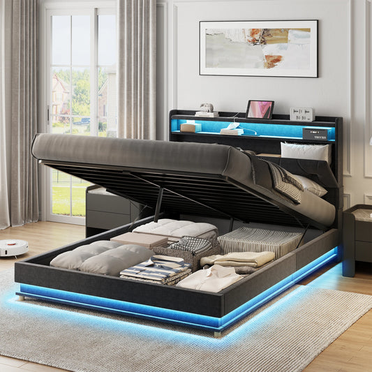 Vabches Lift Up Bed Frame With Storage And LED Lights