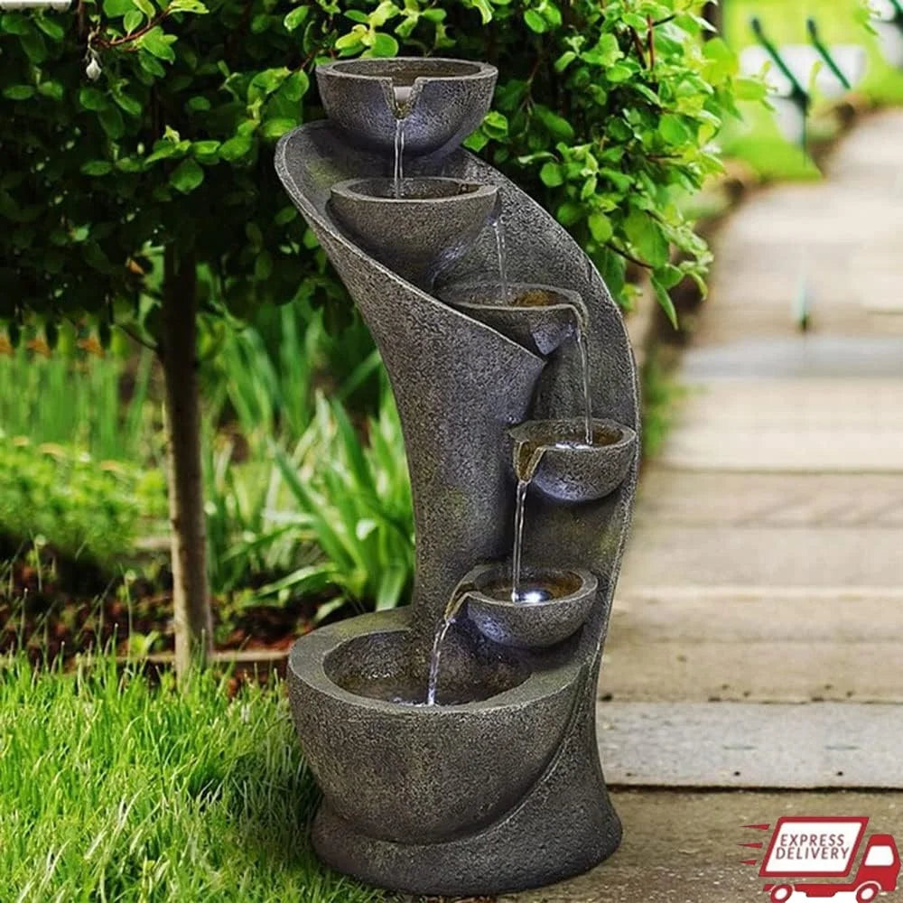 Outdoor Garden Fountain With 6 Bowls Curved Waterfall LED