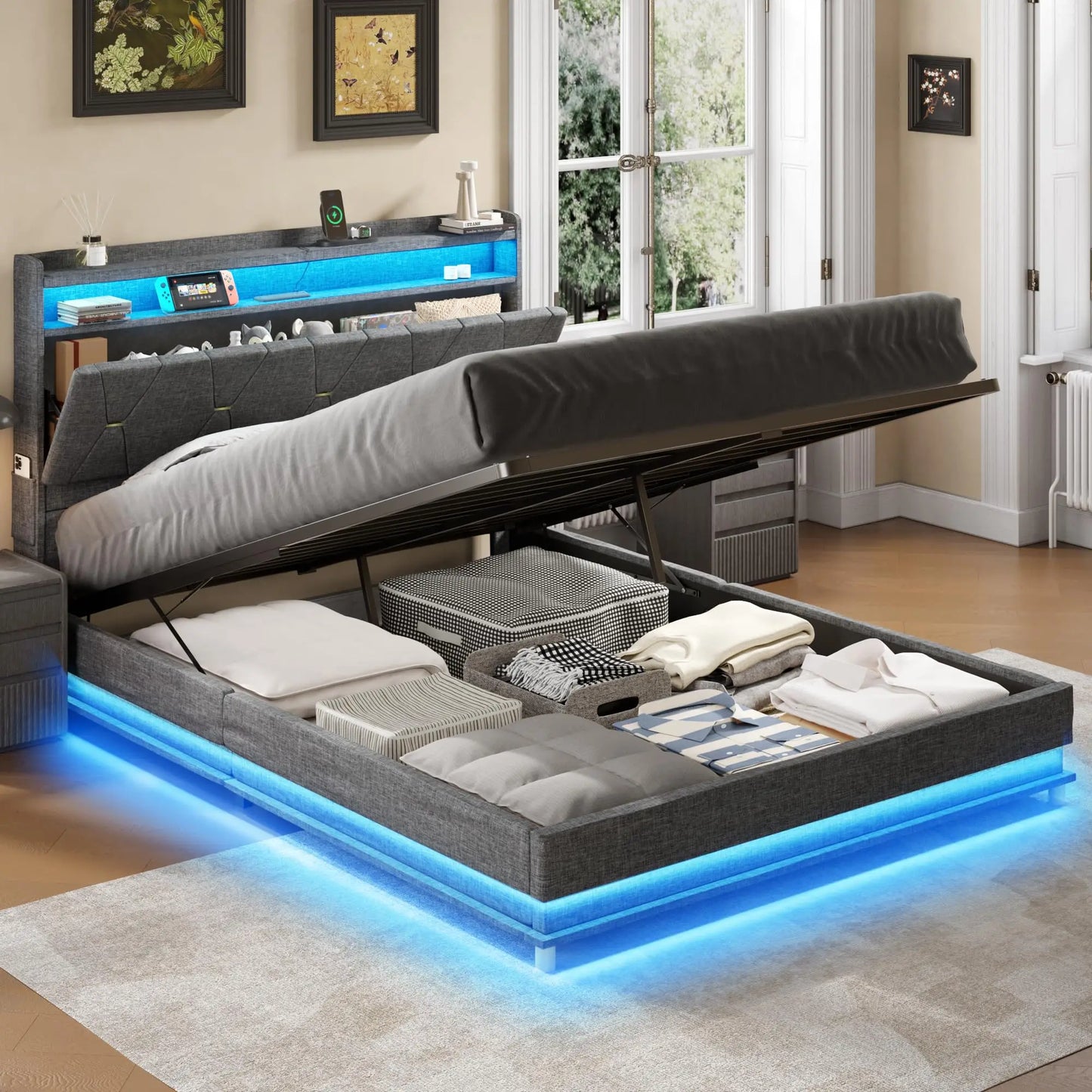 Vabches Lift Up Bed Frame With Storage And LED Lights