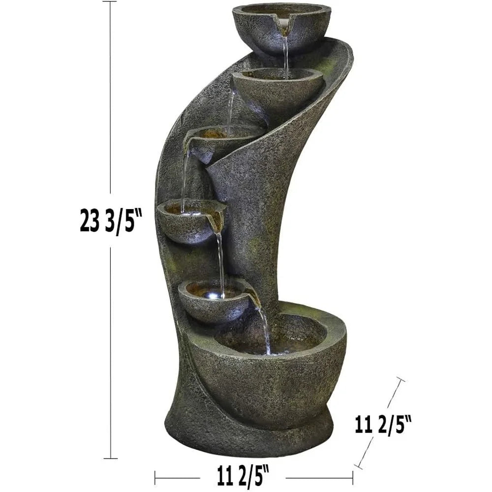 Outdoor Garden Fountain With 6 Bowls Curved Waterfall LED