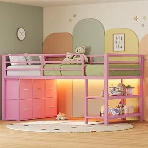 ADORNEVE Loft Bed With Led Lights And Six Storage Drawers
