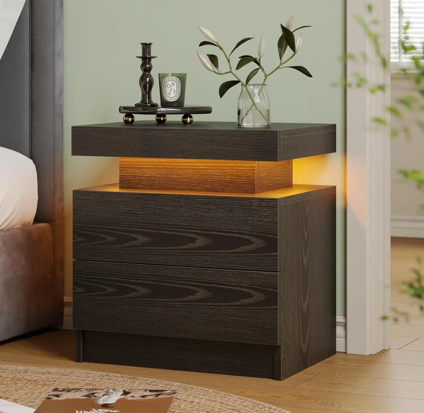 ANGDUO LED Nightstand With Two Wood Drawers Bedside Table