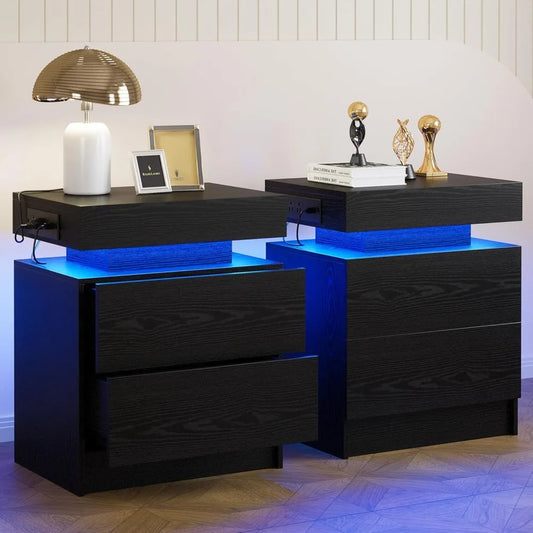 Frame LED Nightstands Charging Station Set Bedside Tables