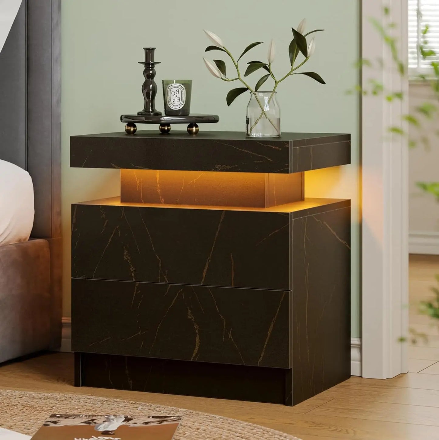 ANGDUO LED Nightstand With Two Wood Drawers Bedside Table