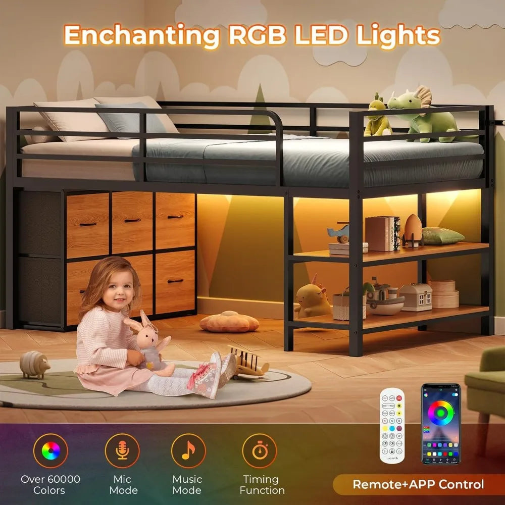 ADORNEVE Loft Bed With Led Lights And Six Storage Drawers