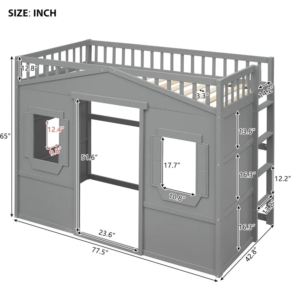 Loft Bed with Playhouse Shape, Windows, Ladders, and Space for Kids