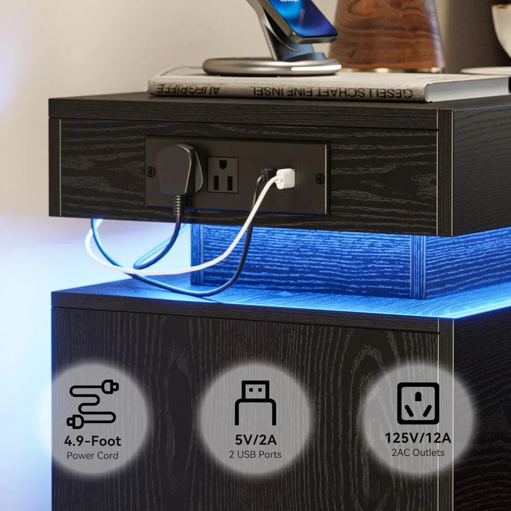 Frame LED Nightstands Charging Station Set Bedside Tables