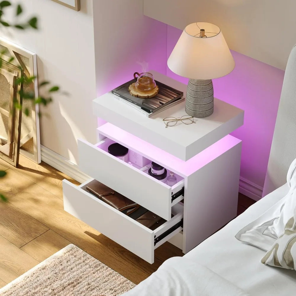 ANGDUO LED Nightstand With Two Wood Drawers Bedside Table