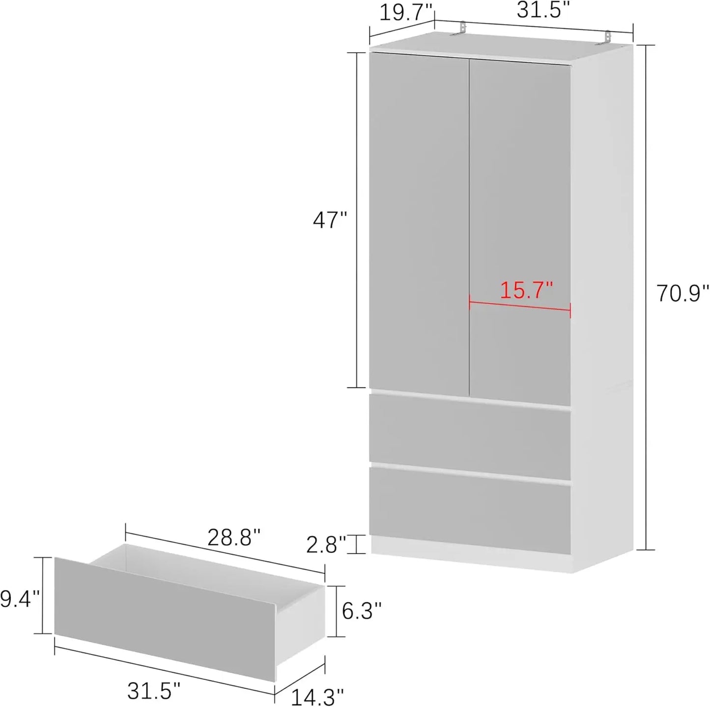 XMSJ Mirror Wardrobe Armoire With Drawers And Hanging Rod