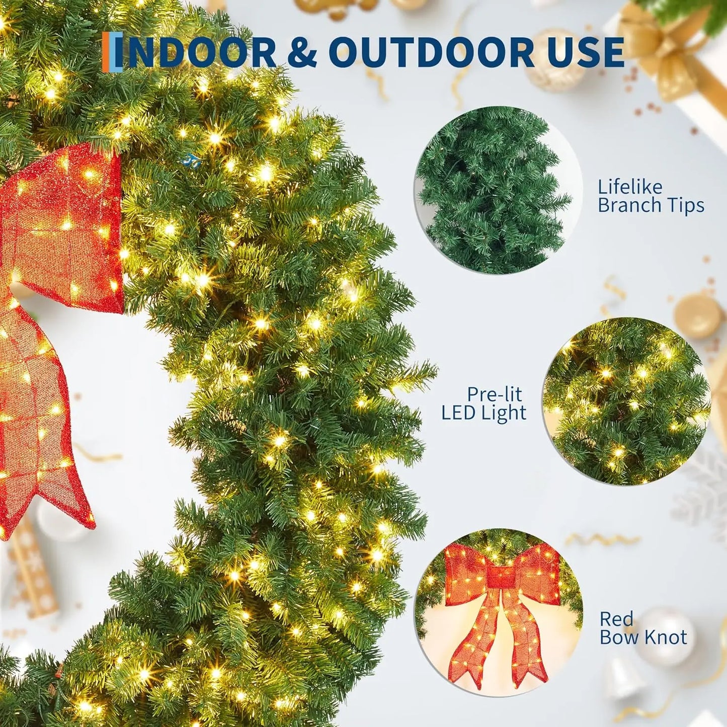 Artificial Christmas Wreath With Bow Prelit LED Indoor