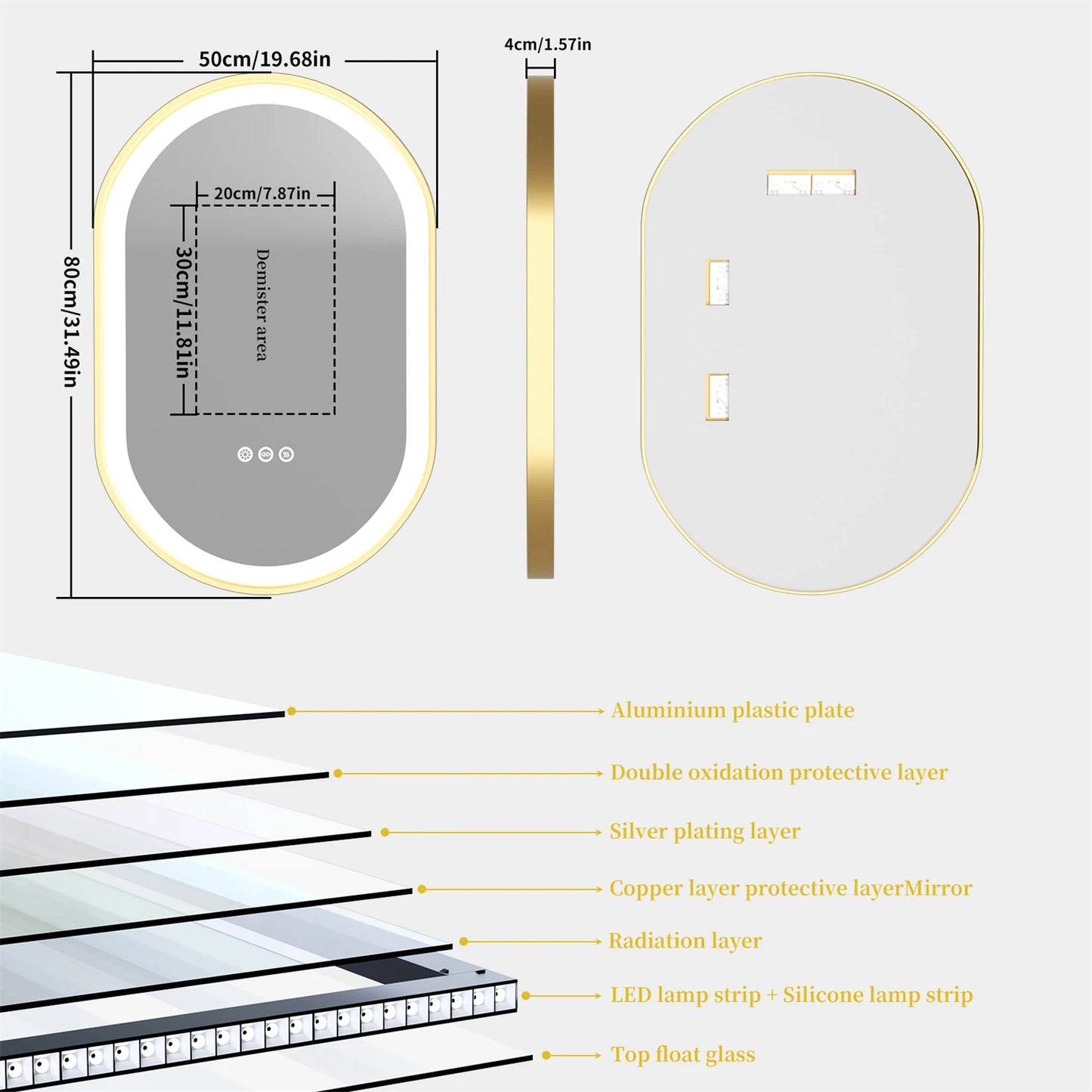 Feature Oval Frame LED Lighted Anti Fog Smart Vanity Mirror