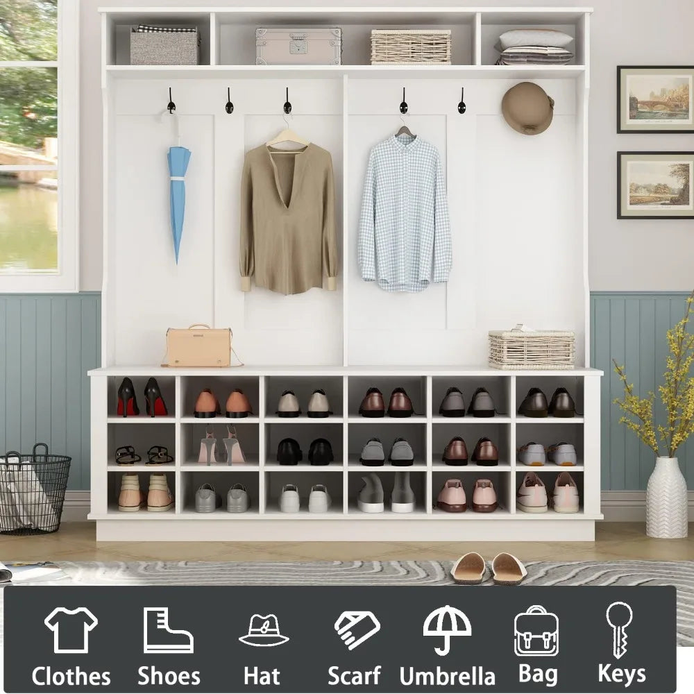 RBXC Modern Entryway Storage Bench With Shoe Cubes Coat Rack