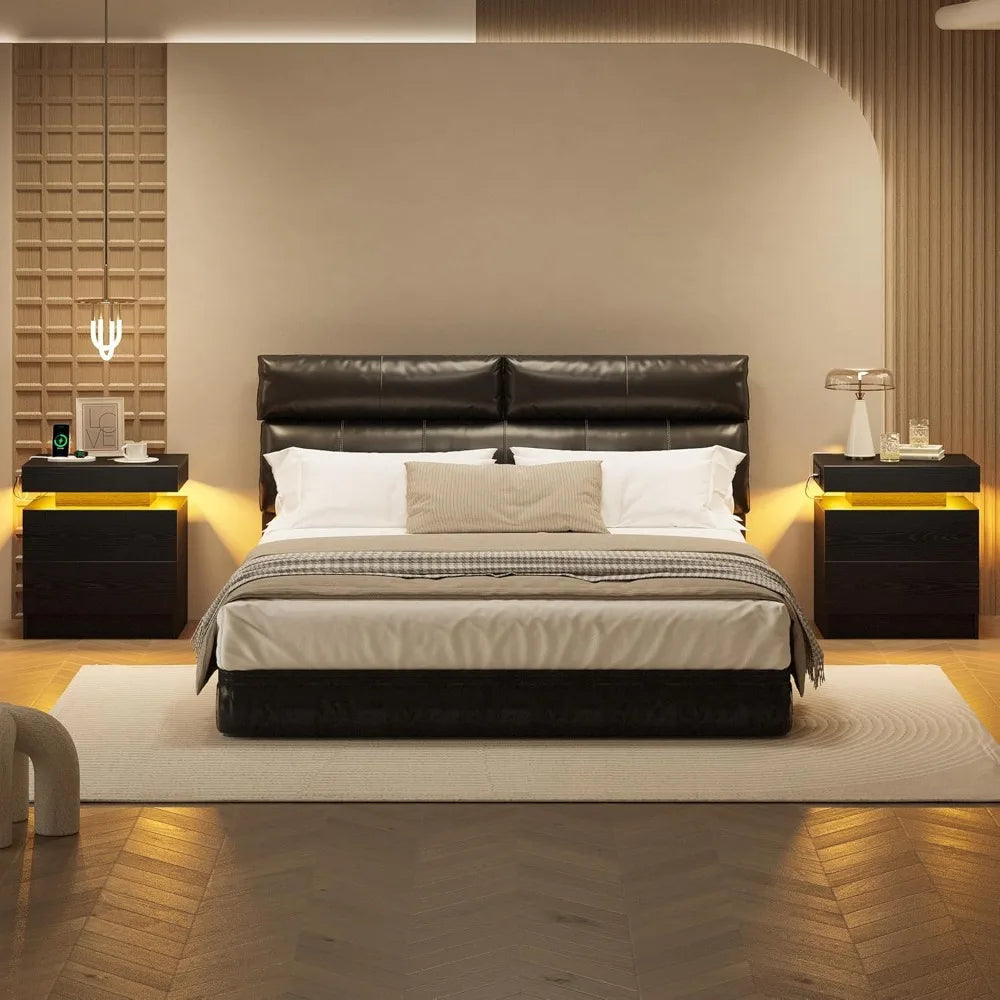 Frame LED Nightstands Charging Station Set Bedside Tables