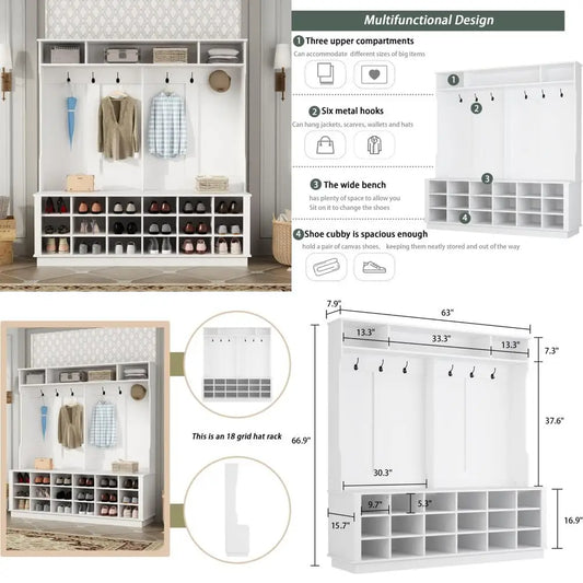 RBXC Modern Entryway Storage Bench With Shoe Cubes Coat Rack