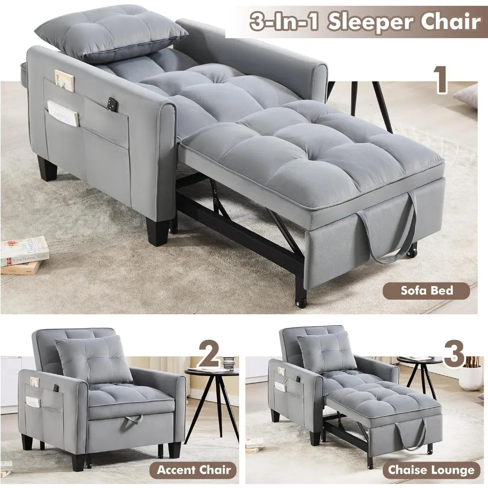 HUANZHUANG Convertible Sleeper Chair Velvet Sofa with Adjustable Backrest