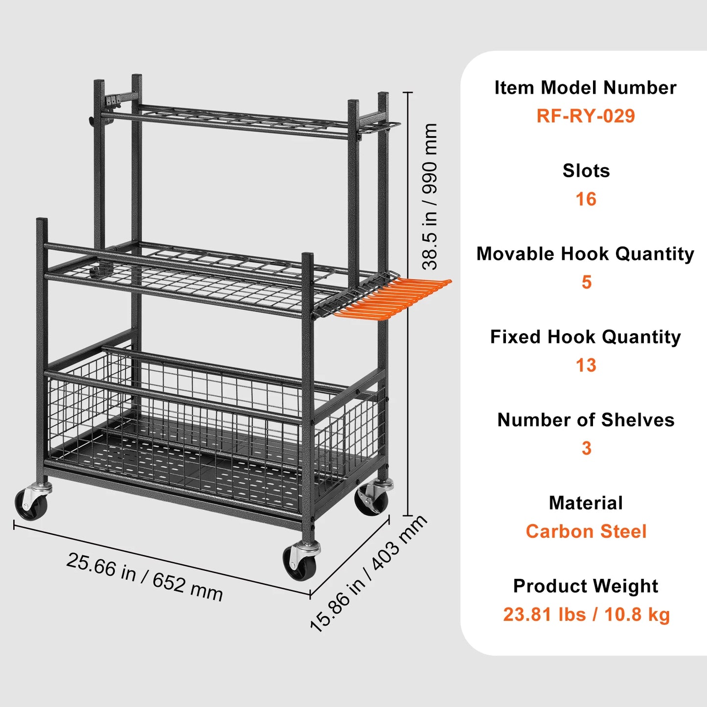 SucceBuy 16 Slots Garden Tool Rack with Hooks and Wheels