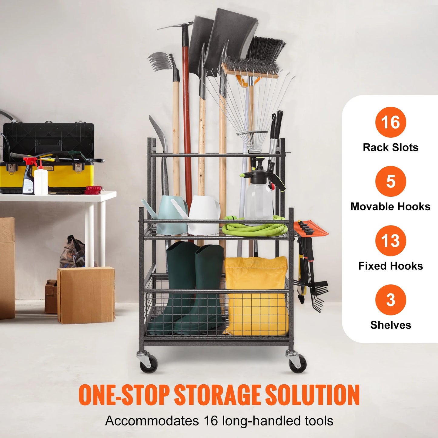 SucceBuy 16 Slots Garden Tool Rack with Hooks and Wheels
