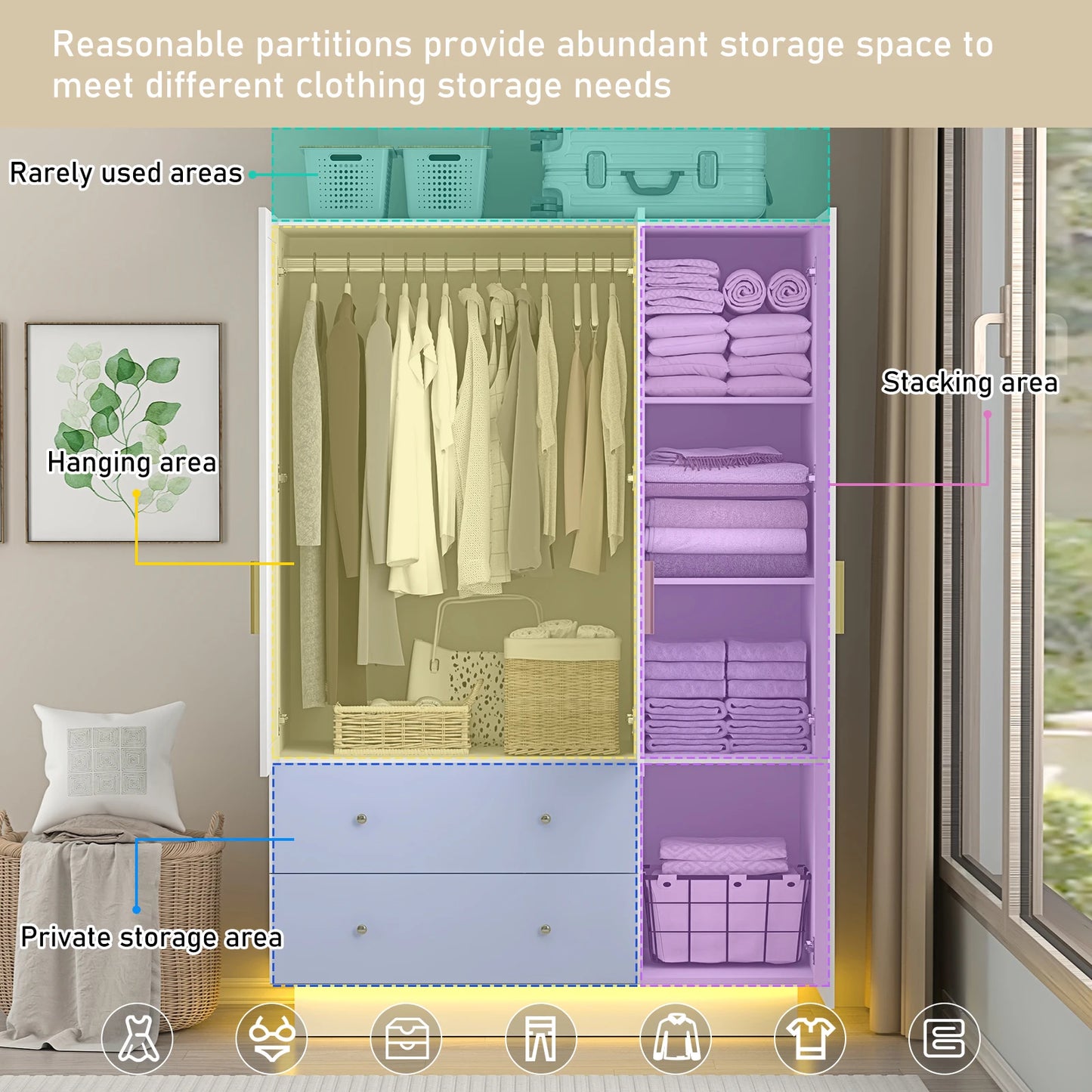 QiaoShiRen Modern Wooden Armoire Wardrobe With Mirror LED Lights