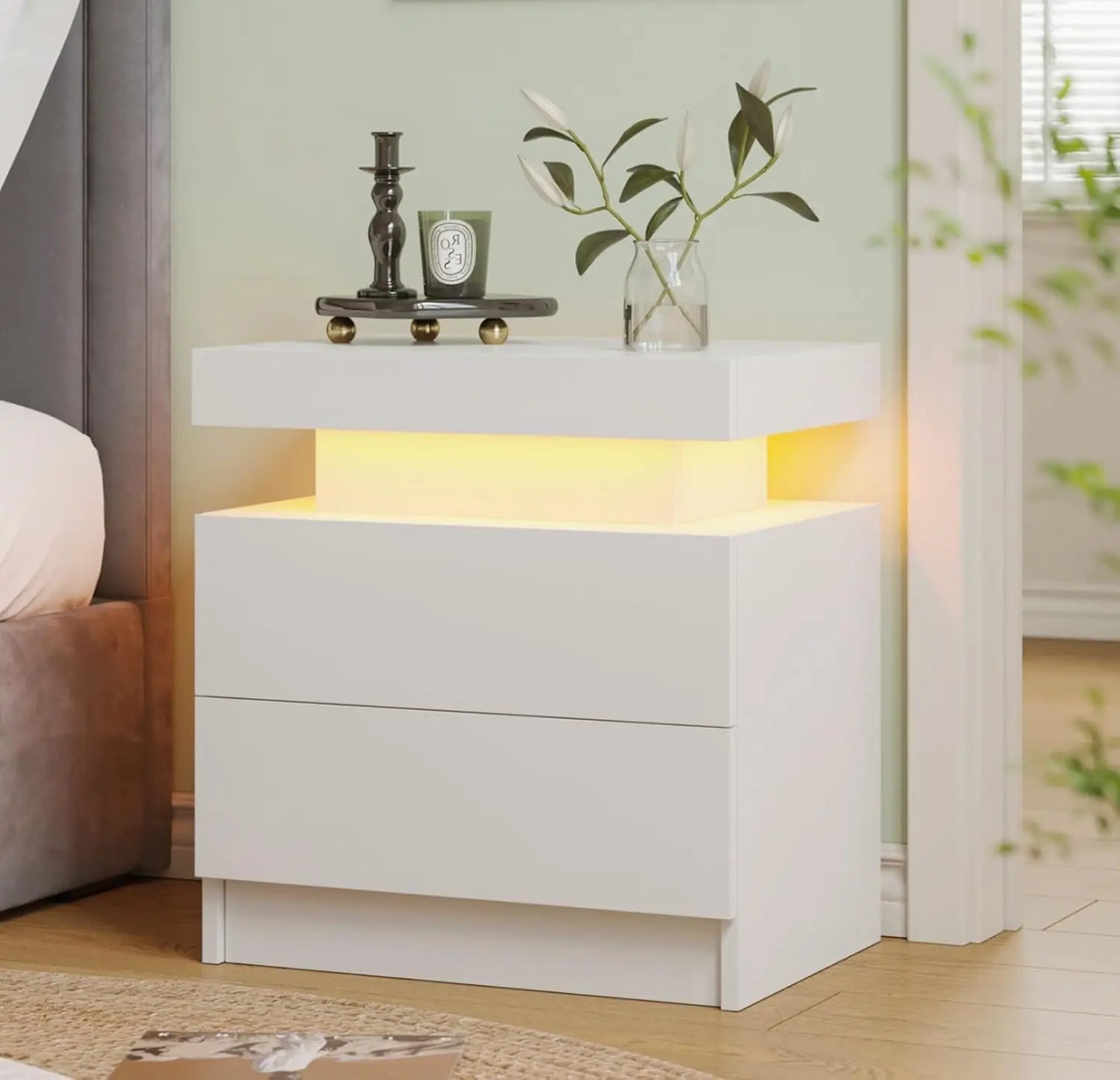 ANGDUO LED Nightstand With Two Wood Drawers Bedside Table