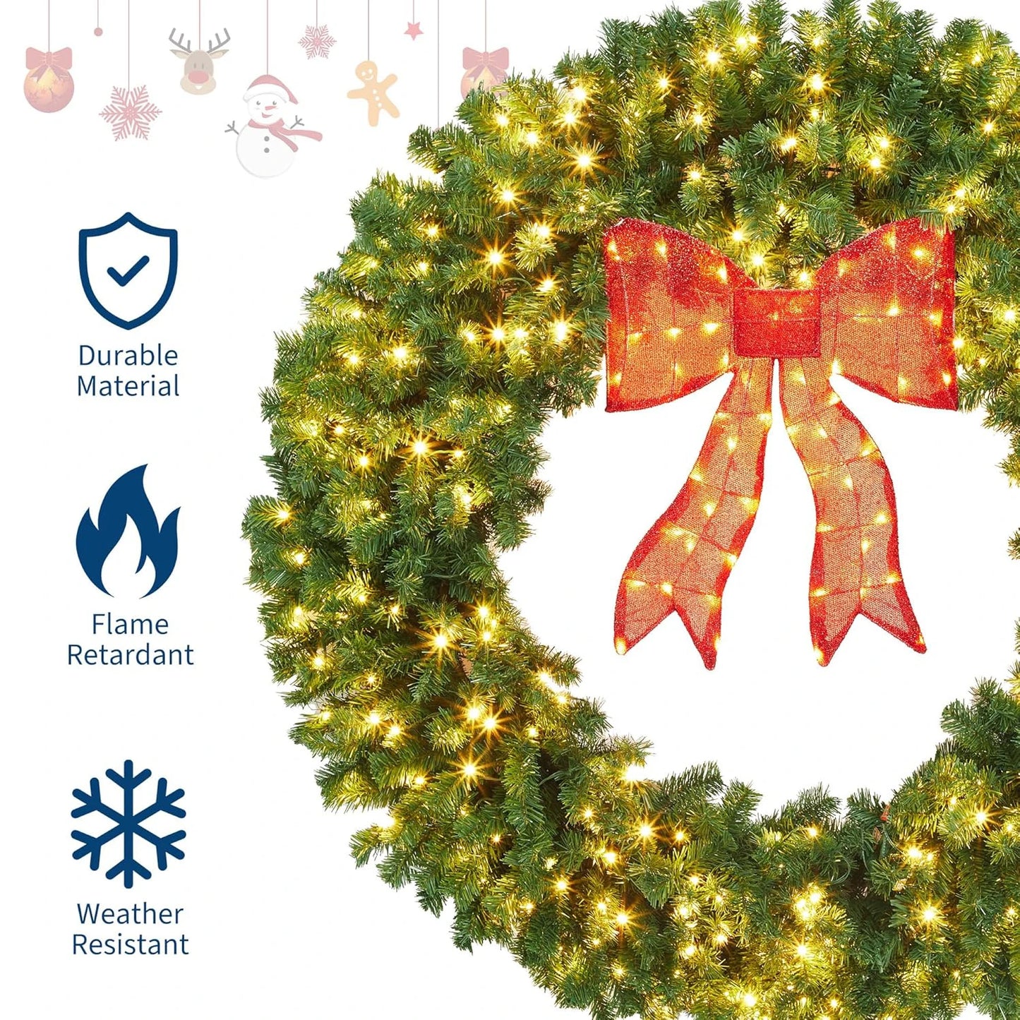 Artificial Christmas Wreath With Bow Prelit LED Indoor