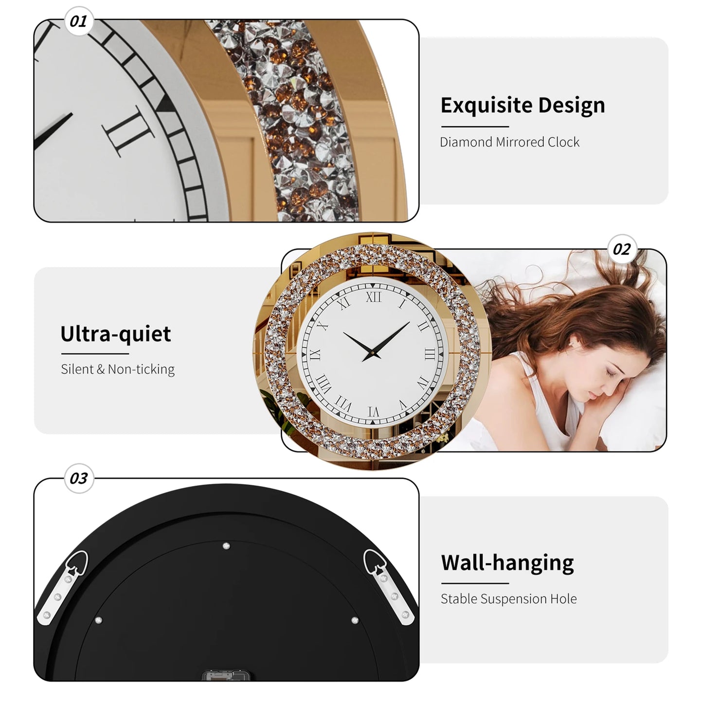 Combination Bling Round Mirror Clock For Home Decor