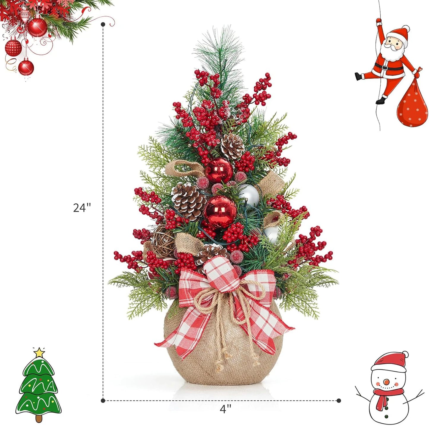 Prelit Mini Christmas Tree With Lights Bow Balls Red Berries