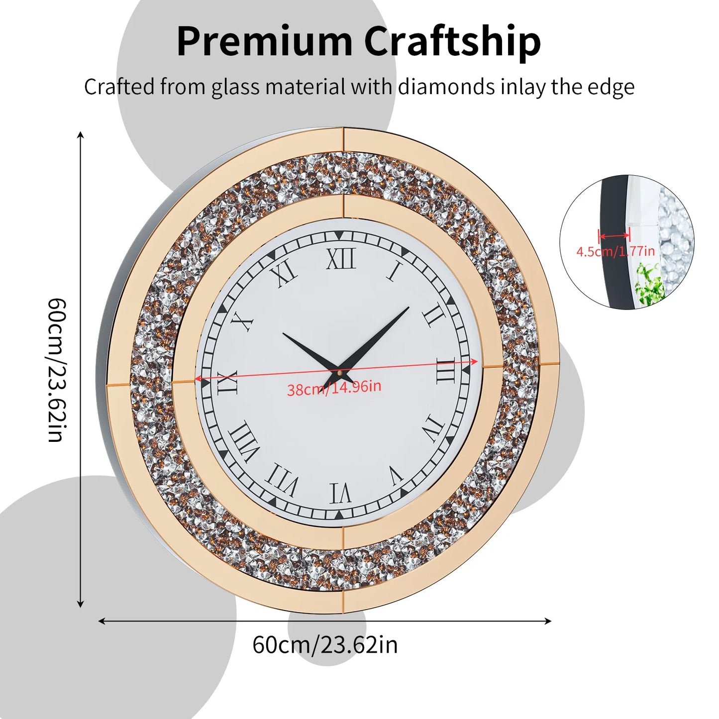 Combination Bling Round Mirror Clock For Home Decor