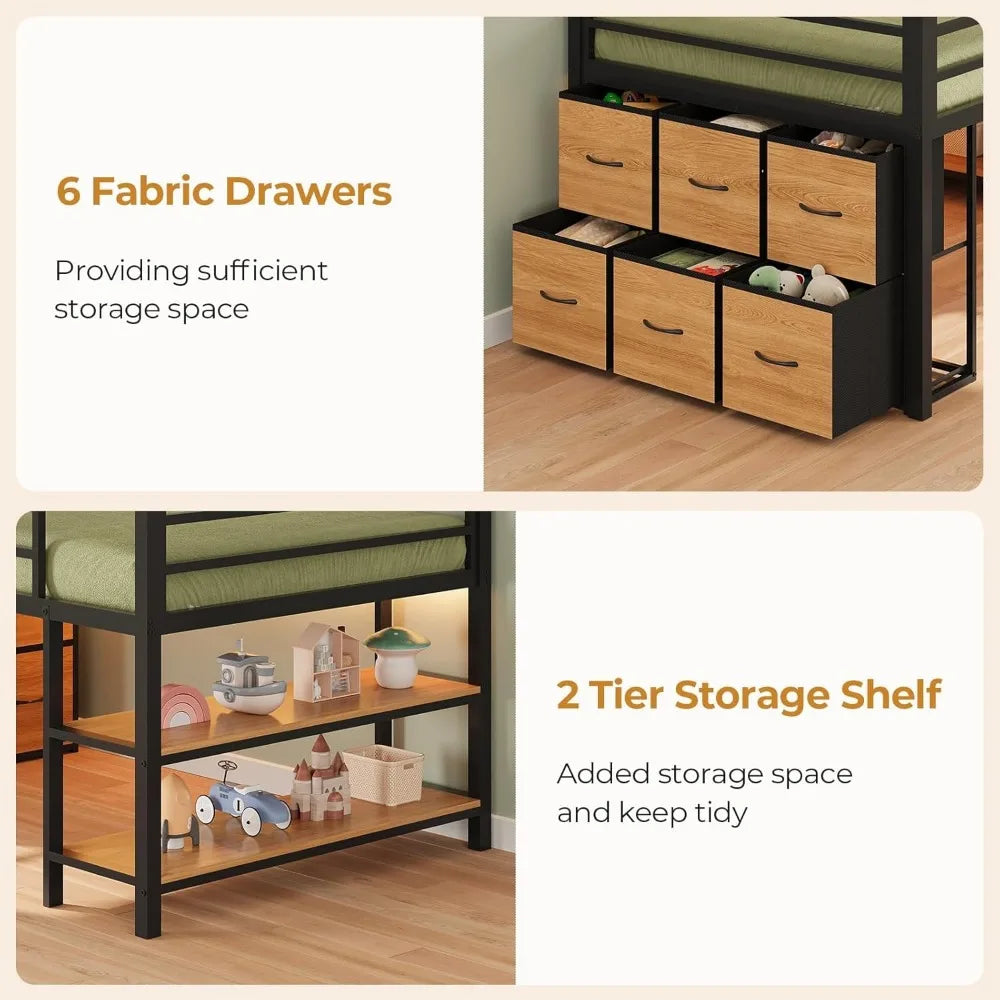 ADORNEVE Loft Bed With Led Lights And Six Storage Drawers