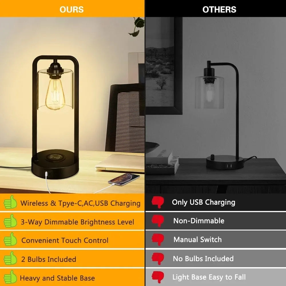 XMSJ Wireless Charging Bedside Table Lamp 2 Touch Dimmer