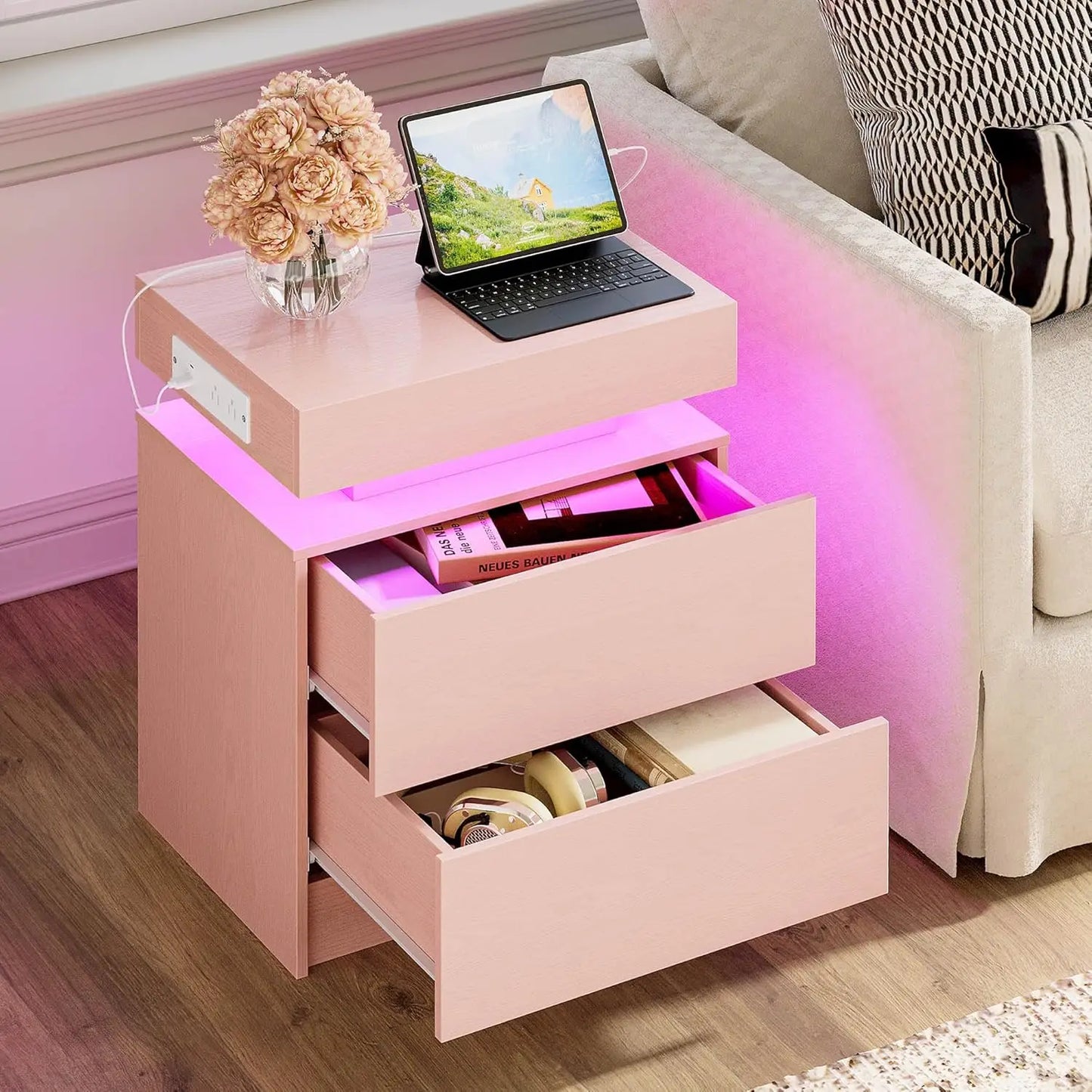 Frame LED Nightstands Charging Station Set Bedside Tables