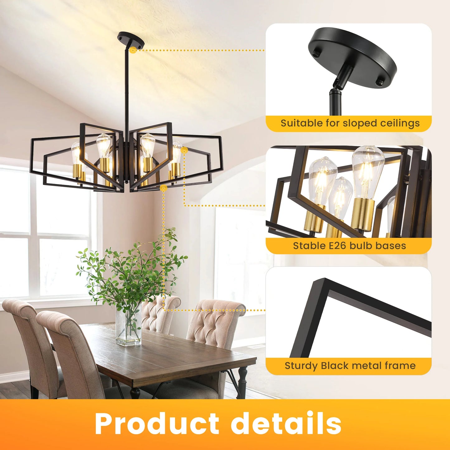 Geometric Chandelier Pendant Light With Adjustable Height Metal Frame
