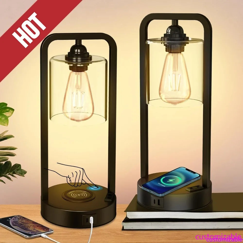 XMSJ Wireless Charging Bedside Table Lamp 2 Touch Dimmer