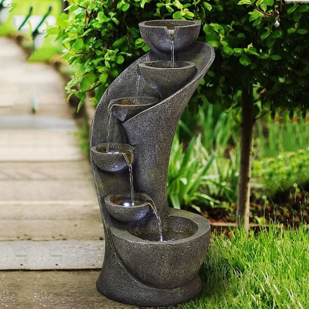 Outdoor Garden Fountain With 6 Bowls Curved Waterfall LED