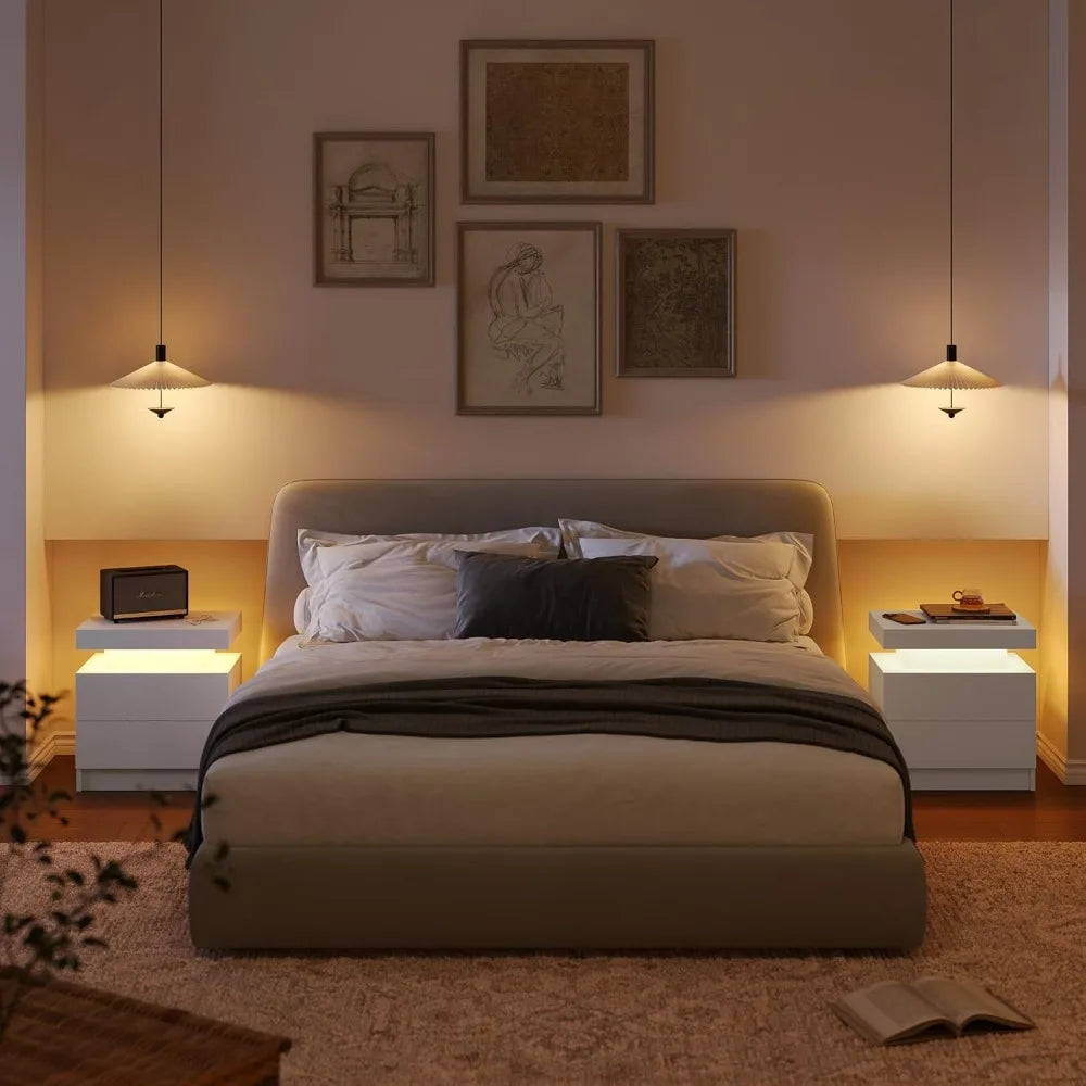 ANGDUO LED Nightstand With Two Wood Drawers Bedside Table