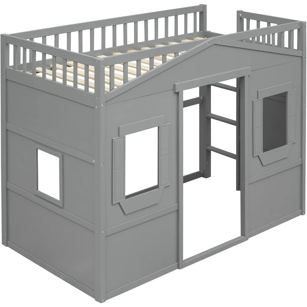 Loft Bed with Playhouse Shape, Windows, Ladders, and Space for Kids